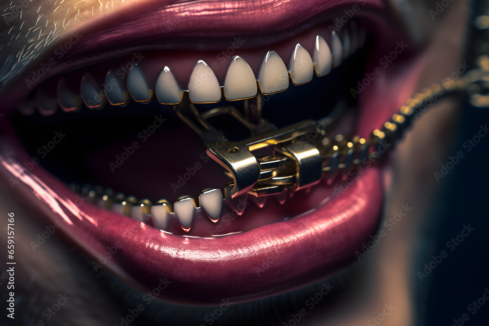 Female mouth and lips with a zipper on the teeth. Abstract display of serets, mystery, silence. Generative AI. - obrazy, fototapety, plakaty 