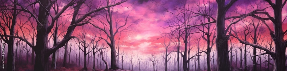 Obraz premium illustration, a forest with trees and purple sky, website header