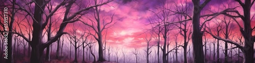 illustration, a forest with trees and purple sky, website header
