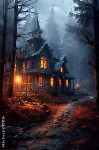 illustration, a haunted house with light, and a gloomy forest