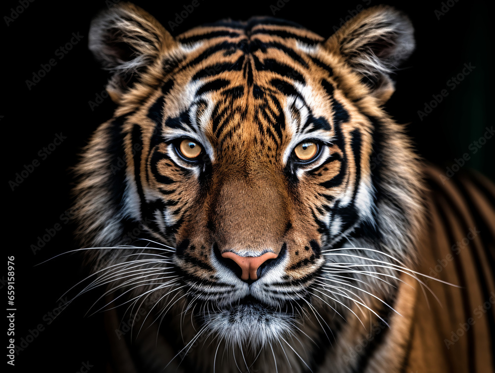 close up detailed portrait of tiger face, generative ai