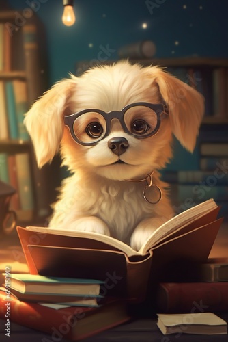 cartoon illustration, a cute dog reading a book