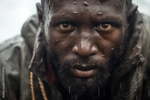 African immigrant disembarked from boat on which he come to Europe. Portrait of tired wet man after dangerous journey