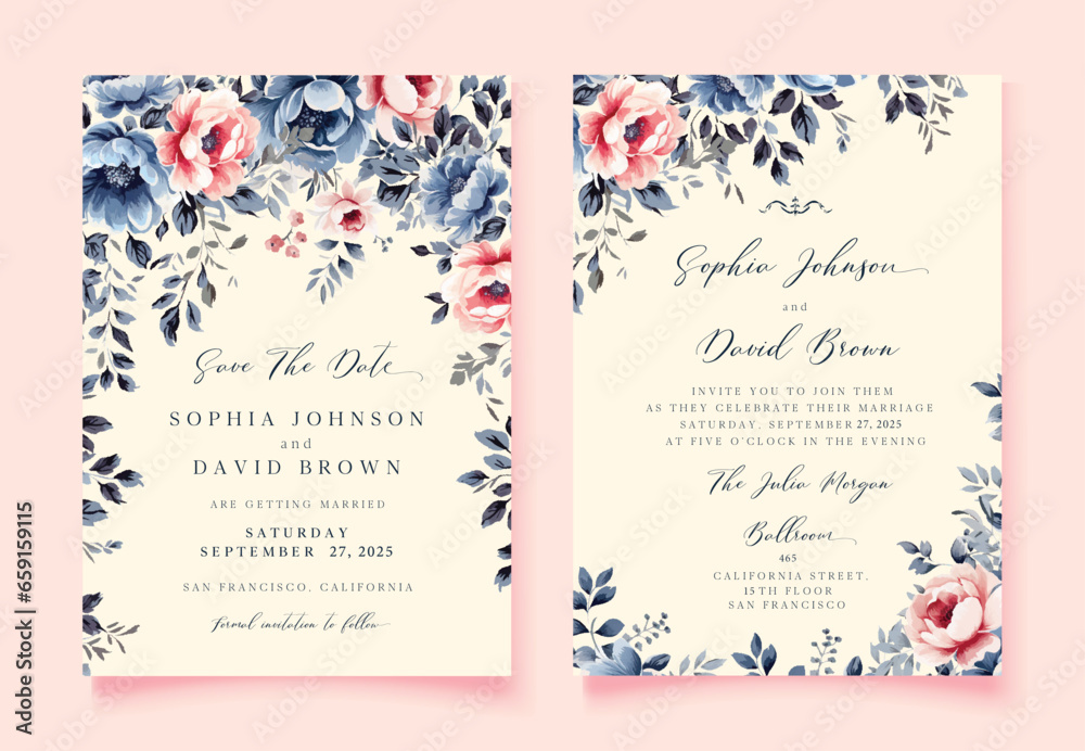 Watercolor Wedding invitation and Save The Date cards set with Vintage Blue and Pink flowers. Vector template.