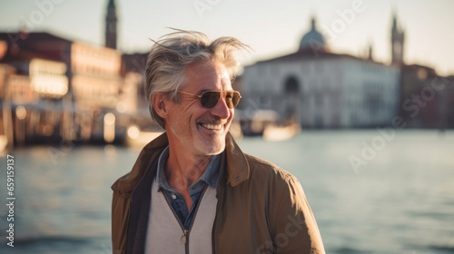 Middle-Aged Man Exudes Style in Sunglasses Amidst the Charms of Venice, Italy. © Ai Studio