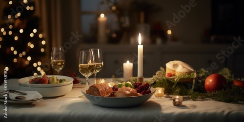 New Year's Eve dinner by the Christmas tree with candles, holiday cheer 