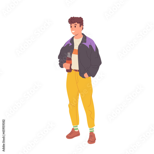 Happy smiling young guy cartoon character wearing, 90s funky retro-styled clothing drinking soda