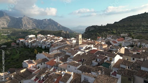 Mountain landscape in old town Tarbena, Flight towards Valley with Altea in background, Alicante, Spain