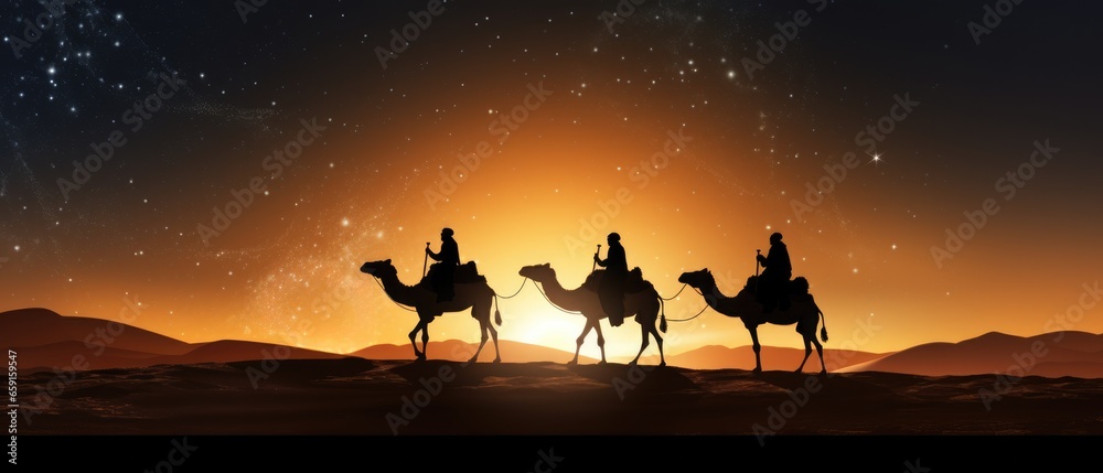Silhouette of Three wisemen riding their camels on their way to visit baby Jesus  - obrazy, fototapety, plakaty 