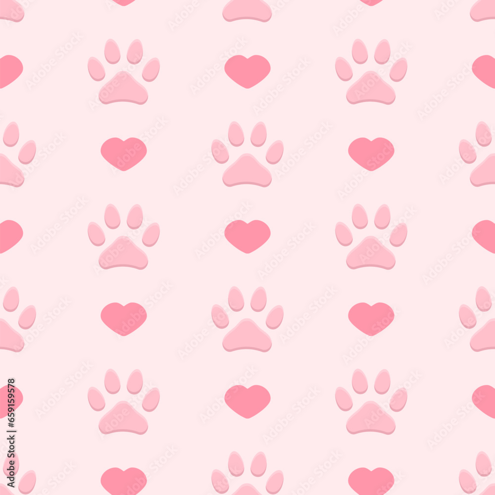 Cat paws and hearts pink footprint cute vector seamless pattern