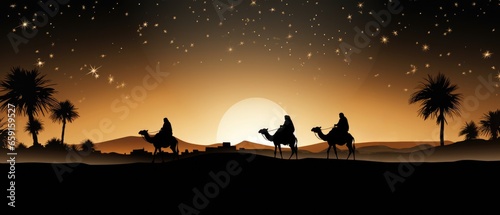 Silhouette of Three wisemen riding their camels on their way to visit baby Jesus 