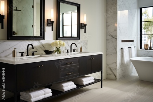 Modern bathroom vanity with marble  double sinks  black faucets  cabinetry  and framed mirrors. Generative AI