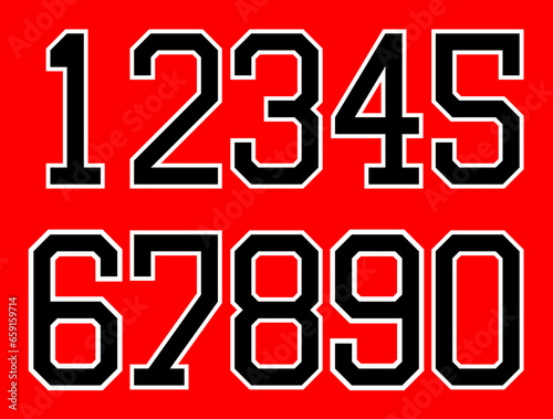 Numbers from zero to nine over red background