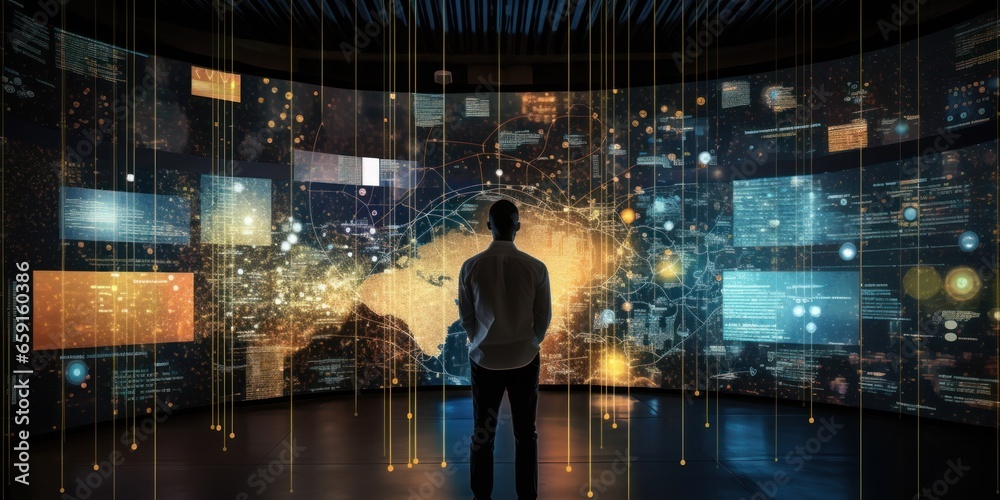 A man stands in front of a giant computer screen in a dark office. The concept of data and its processing - obrazy, fototapety, plakaty 