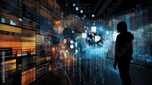 Wallpaper Mural A man stands in front of a huge data screen in a dark office. The concept of data and its processing by an analyst  Torontodigital.ca