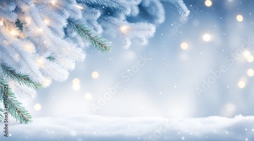 Beautiful winter background image of frosted spruce branches and small drifts of pure snow with bokeh Christmas lights and space for text. © Mariana