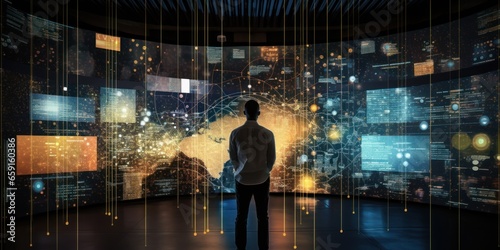 A man stands in front of a giant computer screen in a dark office. The concept of data and its processing