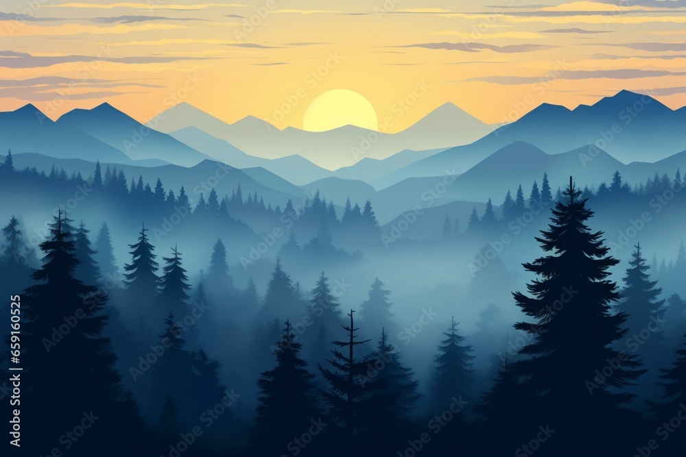 Silhouette of twilight landscape with fog, forest, Christmas tree, spruce, evening sun, panoramic silhouette, fog, mountains. Generative AI