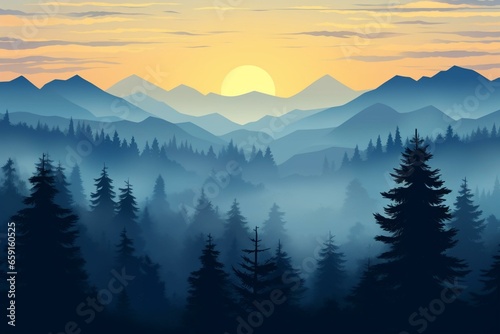 Silhouette of twilight landscape with fog, forest, Christmas tree, spruce, evening sun, panoramic silhouette, fog, mountains. Generative AI