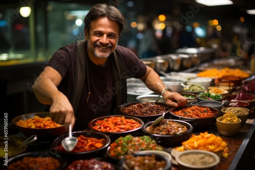 A tourist savoring the flavors of a local street food market, with a colorful array of dishes and the vibrant atmosphere of culinary tourism © Hunman