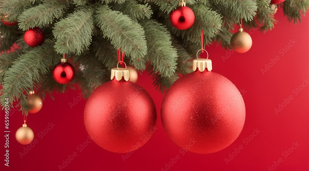 red christmas balls tree decoration, bokeh circles on background