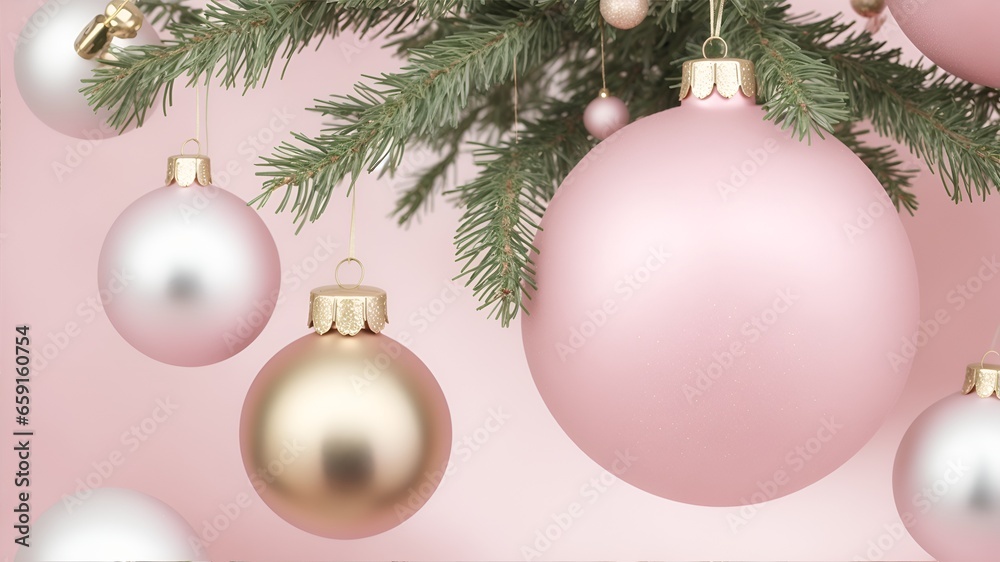 christmas balls tree decoration, bokeh circles on background, pastel pink photo