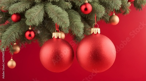 red christmas balls tree decoration, bokeh circles on background
