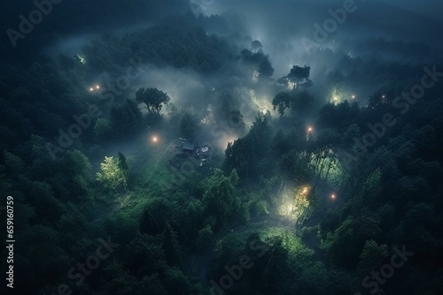 Aerial view of enchanting forest at night, with fog, fairies, and mythical creatures. Serene and breathtaking. Generative AI © Yseult