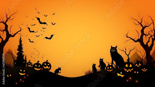 Halloween background with bats  pumpkins and mosnters