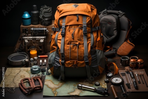 A traveler's backpack and essential gear, neatly arranged for an adventure, with maps, hiking boots, and a camera ready for a day of exploration photo
