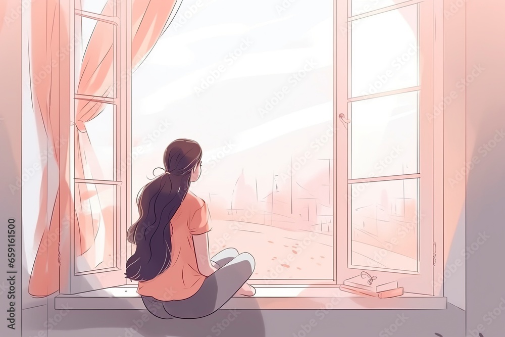 illustration, a girl looks outdoors sitting at the window