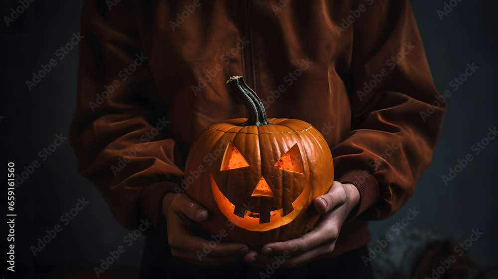 Halloween jack o lantern. Person holding halloween pumpkin