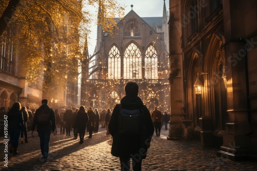 An enchanting scene of tourists admiring the architecture and history of a centuries-old cathedral in a European city, highlighting cultural tourism