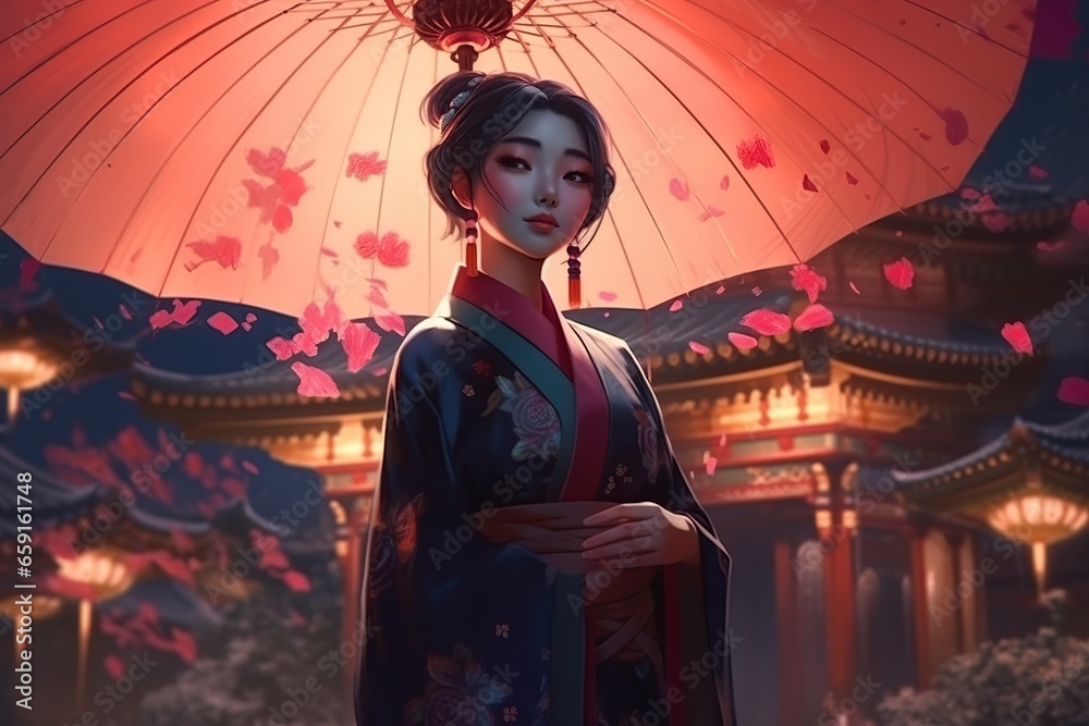 Fototapeta premium illustration, asian woman in traditional japanese clothes