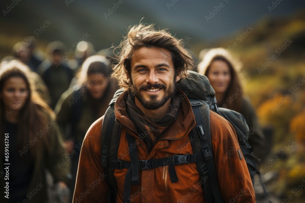 An experienced guide leading a group of hikers through a pristine wilderness, showcasing eco-tourism and responsible exploration An experienced guide leading a group of hikers through a pristine wilderness, showcasing eco-tourism and responsible exploration