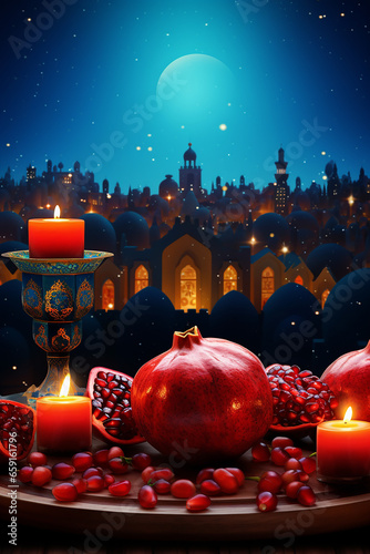 Yalda night pomegranate festival ramadan panoramic background, vertical
