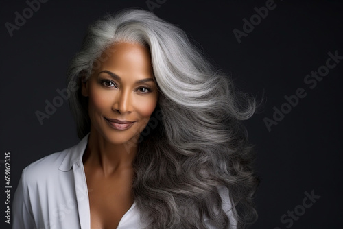 Generative AI photo of a attractive beautiful elderly woman with beautiful long curly hair isolated on blurred background