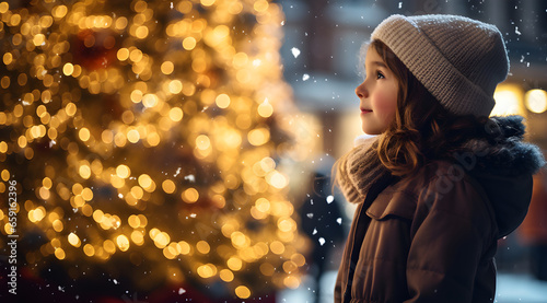 Uma linda menina olhando uma arvore de natal toda iluminada com neve ao fundo
