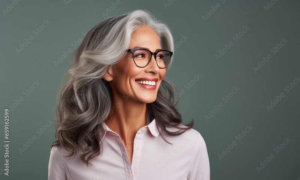 Retrato de una mujer latina madura, con canas, sonriendo, con apariencia saludable y vitalidad, usando una blusa blanca y gafas, posando en un estudio fotográfico con fondo de color Retrato de una mujer latina madura, con canas, sonriendo, con apariencia saludable y vitalidad, usando una blusa blanca y gafas, posando en un estudio fotográfico con fondo de color