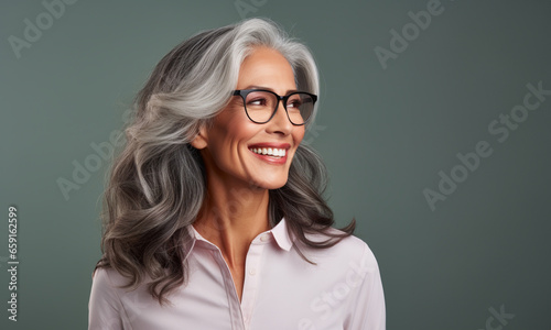Retrato de una mujer latina madura, con canas, sonriendo, con apariencia saludable y vitalidad, usando una blusa blanca y gafas, posando en un estudio fotográfico con fondo de color