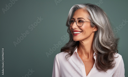 Retrato de una mujer latina madura, con canas, sonriendo, con apariencia saludable y vitalidad, usando una blusa blanca y gafas, posando en un estudio fotográfico con fondo de color photo