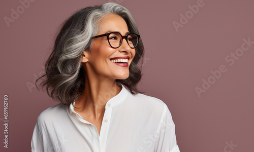 Retrato de una mujer latina madura, con canas, sonriendo, con apariencia saludable y vitalidad, usando una blusa blanca y gafas, posando en un estudio fotográfico con fondo de color photo