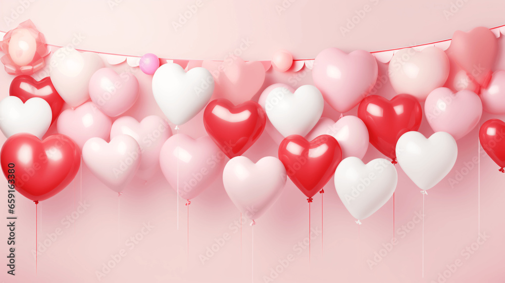 Valentines day background with heart shaped balloons and ribbons