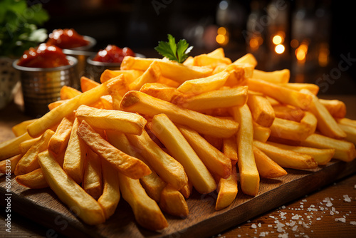 Generative AI picture of tasty french fries or potato chips on table in restaurant