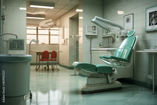 A dental clinic in a hospital corridor with a dental chair. Generative AI