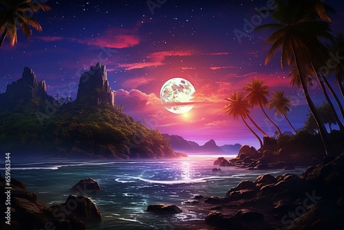 Enchanting celestial setting with radiant moon illuminating mystical island. Generative AI