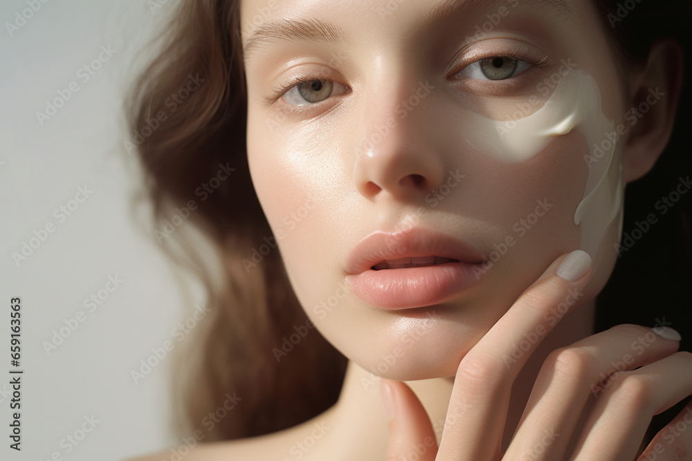 Beautiful young natural woman applying face cream - obrazy, fototapety, plakaty 