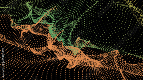Energy net flows. Dot particle lines penetrating fog. Neon lights plexus of knots. Curved node row space infinity. Linking funnel universe parameters. Background information technology presentation.