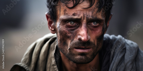 weary Eastern Arabian man in the Middle East, with a dust-covered face, against a blurred backdrop of a war-torn environment