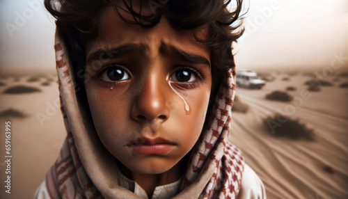 Arabian boy in the Middle East, with sand-streaked cheeks, looking towards with tears photo